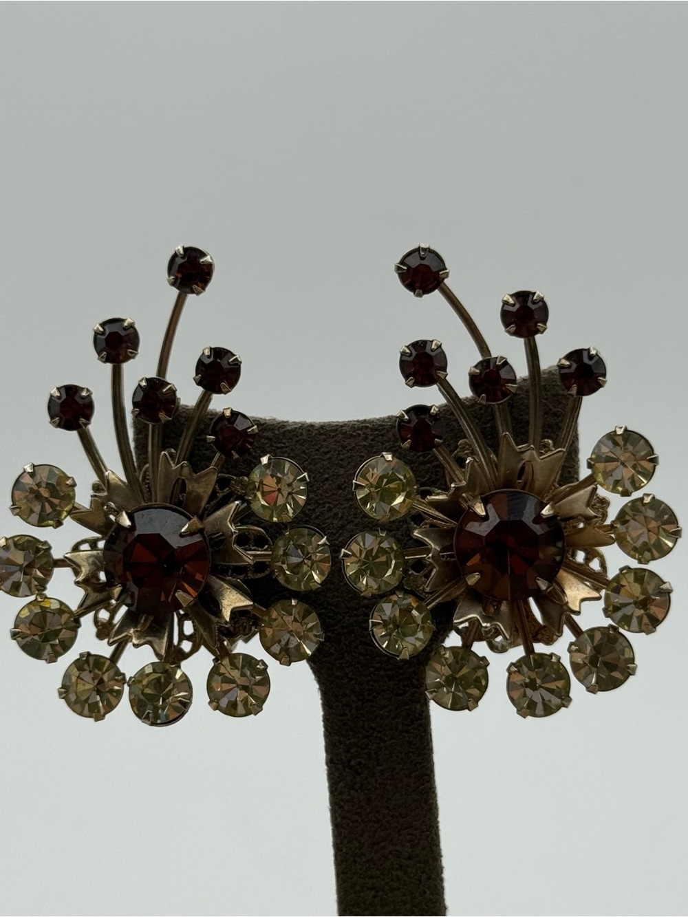Vintage Floral Cluster Clip-On Earrings - Brown & yellow glass Rhinestones